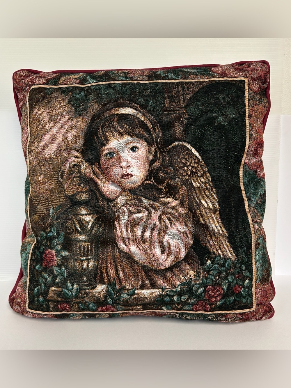 Vintage Donna Richardson Double-Sided Angel Jacquard Tapestry Pillow 15”x15”